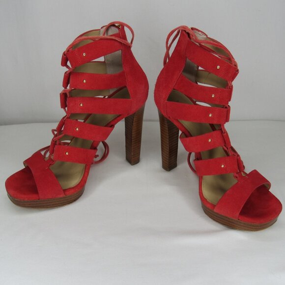 Micheal Kors Red Suede leather SOFIA Lace Up Gladiator Heel Sandal 4" Women's 7 - Picture 4 of 10